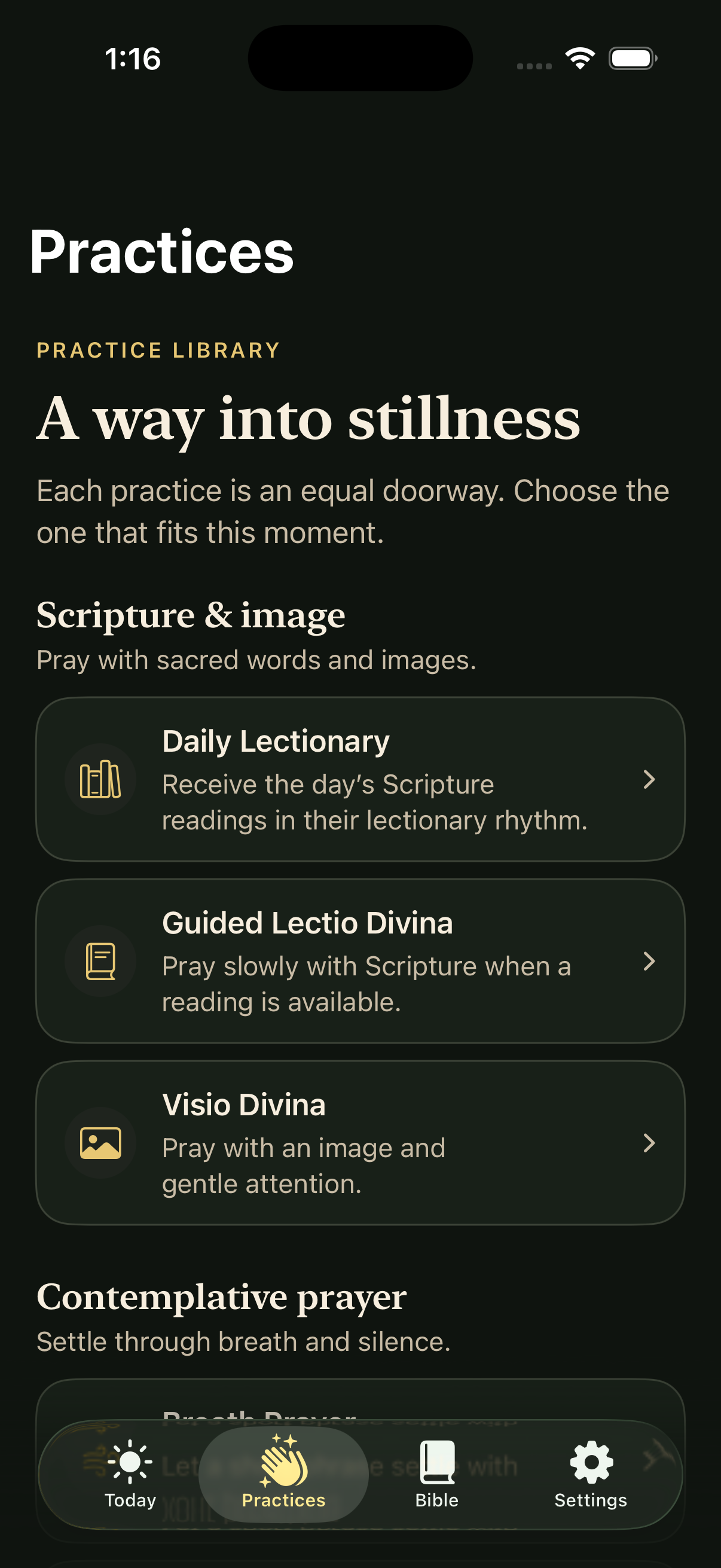 The Thin Place practice library showing Scripture, image, breath, and silence practices