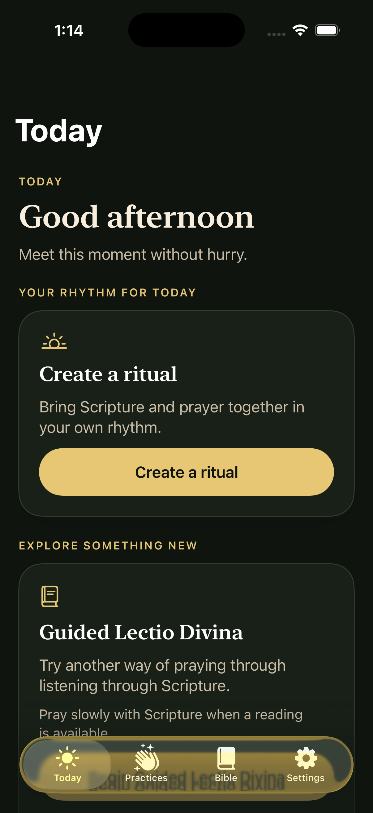 The Thin Place Today screen inviting the user to create a personal ritual